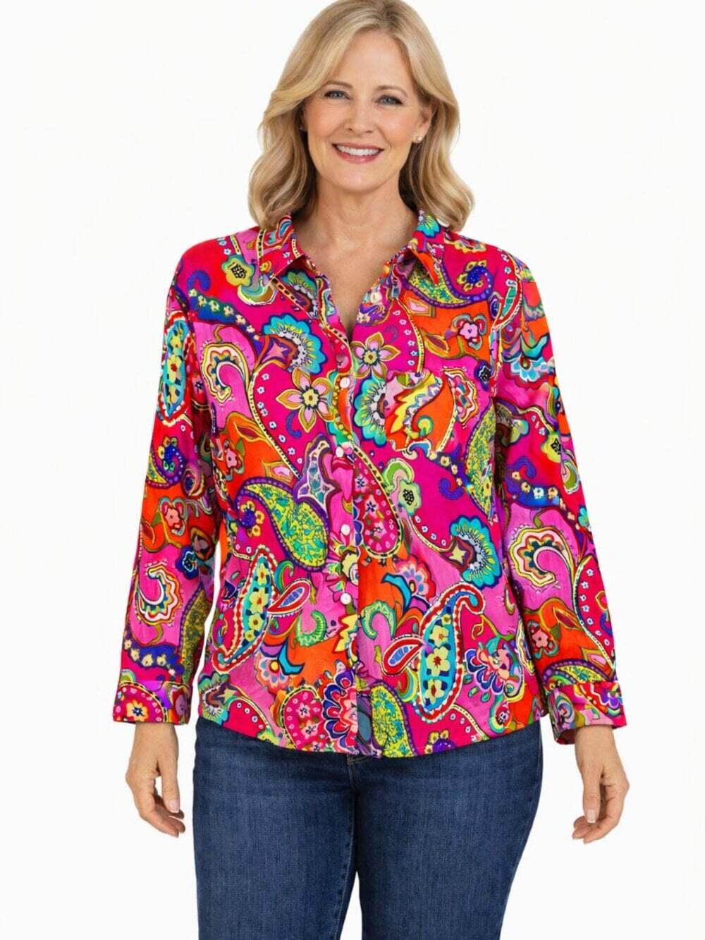 Vera Bradley Pink Orange Paisley Button Down Shirt Small Vibrant Boho Cotton